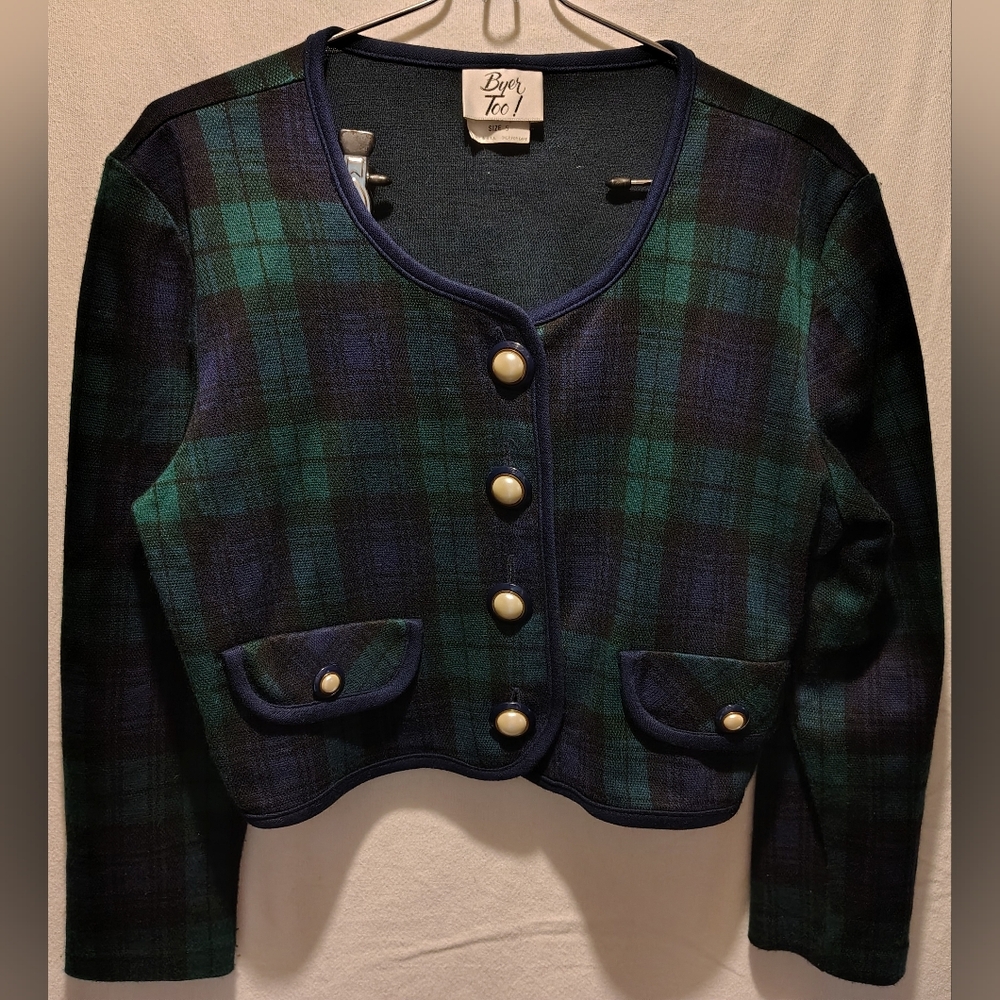 Byer Too! Vintage 1980-90's Women's Plaid Crop Jacket Black/Green/Purple Size 5